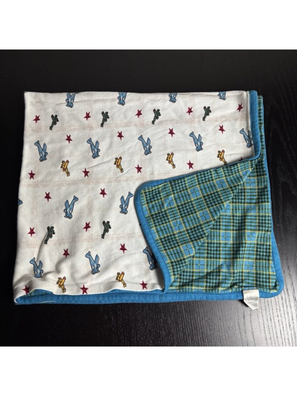 Vintage 1998 GYMBOREE Baby Blanket Airplane Star Plaid Print Reversible
